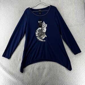 Karen Brooks Sequin Cat Tunic Top Rhinestone Neckline Long Sleeve‎ NWT M
